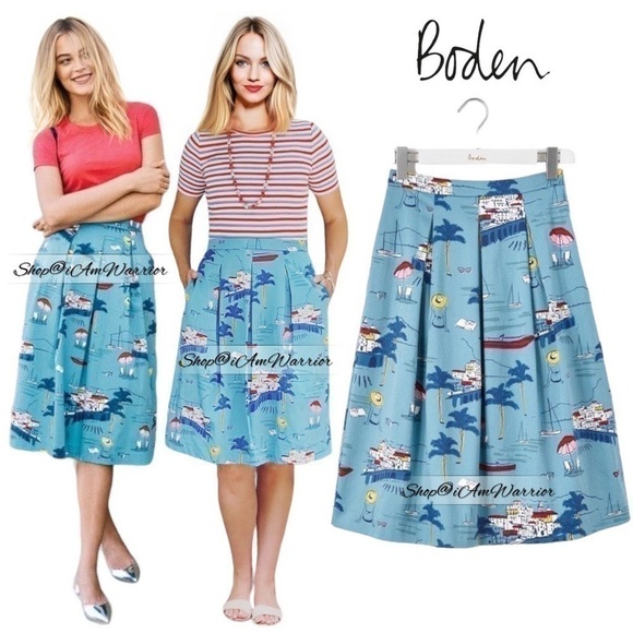 Boden a-line cotton blue midi skirt in coastal/Rivera print *shop@iamwarior - Picture 1 of 8